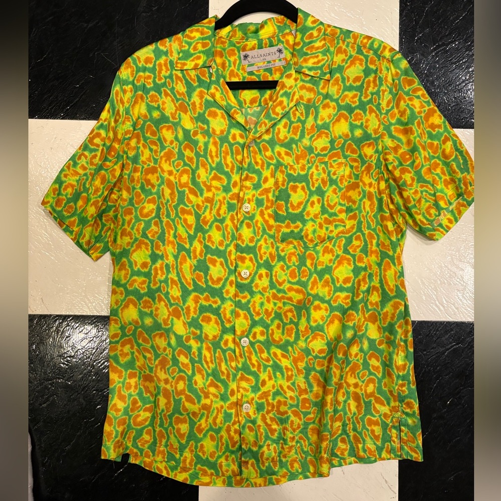 ALL SAINTS RELAXED FIT NEON LEOPARD PRINT BUTTON UP SHIRT